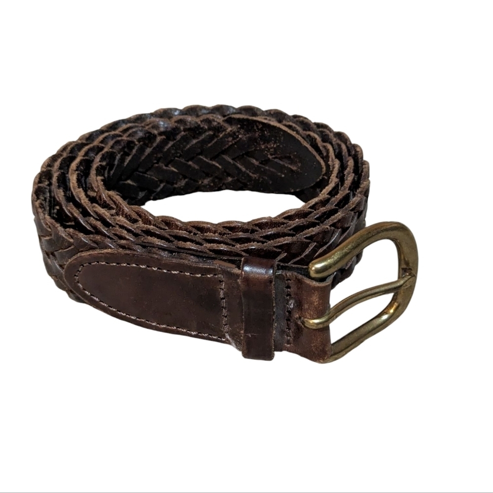 Brown Leather Gold Brass Hardware Braided Belt 34